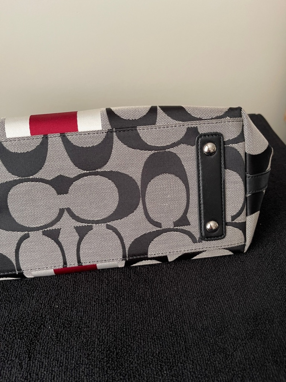 Coach Signature Stripe Tote Bag in Black, Gray & Red - Picture 7 of 10
